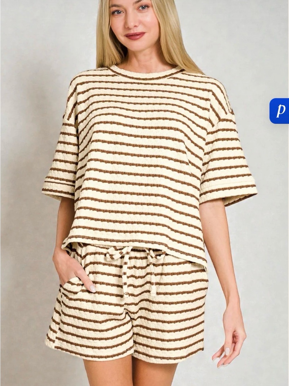 Zenana Outfitters Cream and Brown Striped Knit Lounge Set